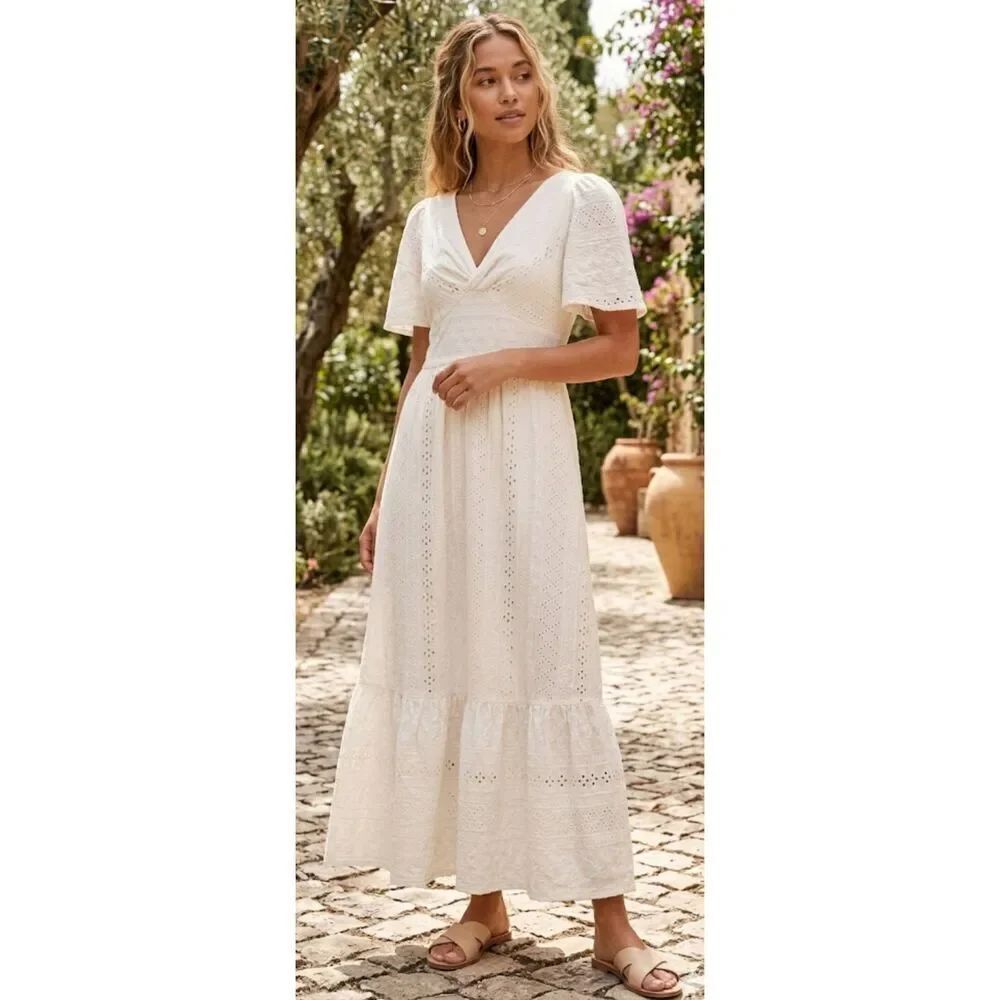 Maeve Anthropologie womens maxi dress cream babydoll fairy boho coastal travel